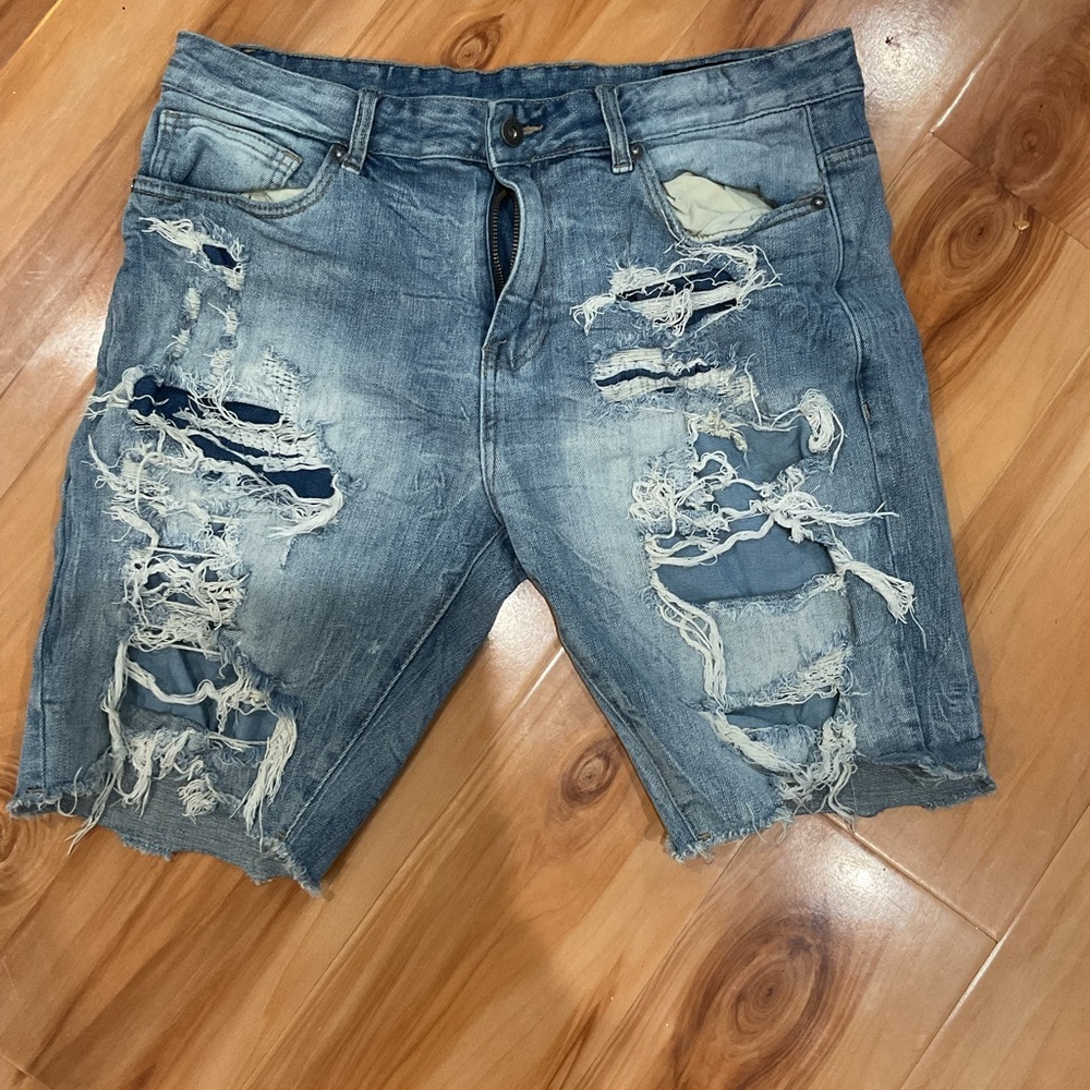 Men's Light Blue Distressed Denim Jean Shorts